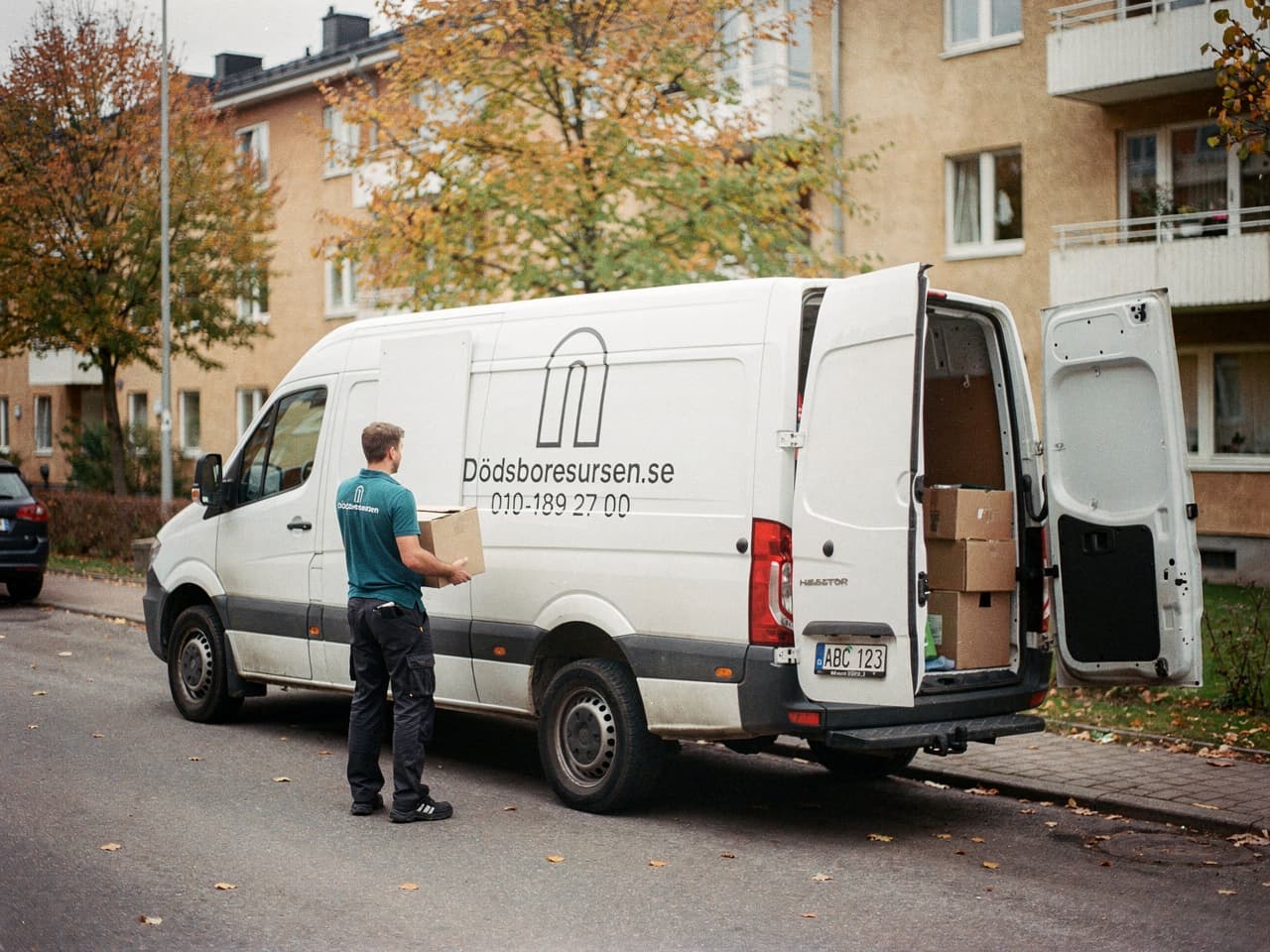 Dödsboresursens servicebil på en bostadsgata i Falkenberg