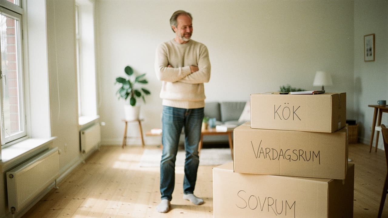Person funderar bland flyttlådor i ett dödsbo inför val att tömma själv eller anlita hjälp