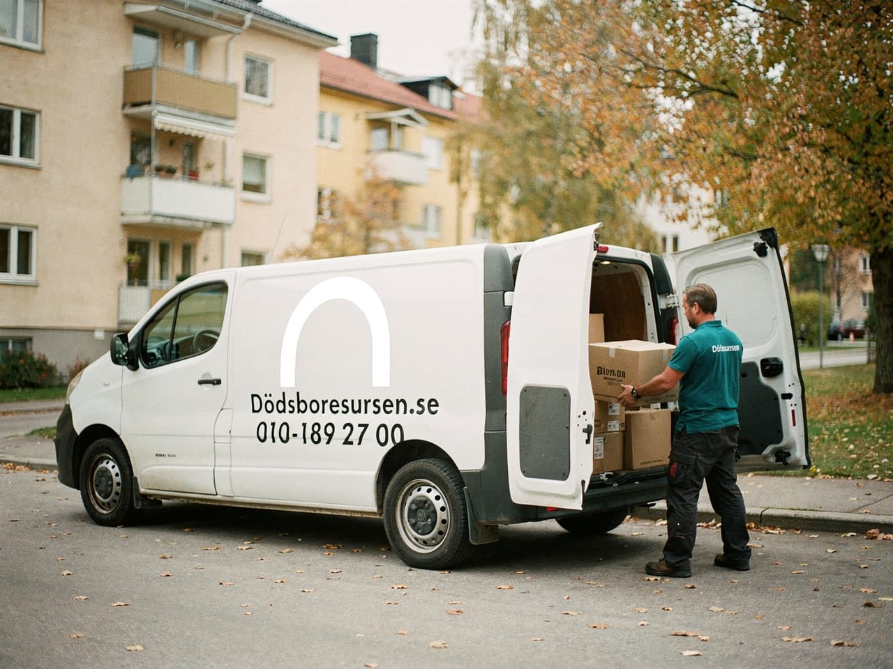 Dödsboresursens servicebil på en bostadsgata i Järfälla