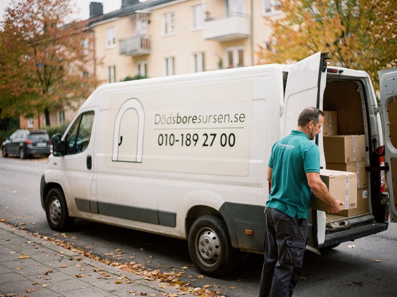 Dödsboresursens servicebil på en bostadsgata i Ludvika