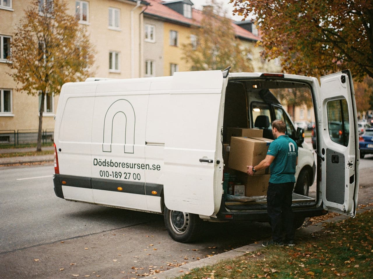 Dödsboresursens servicebil på en bostadsgata i Nässjö
