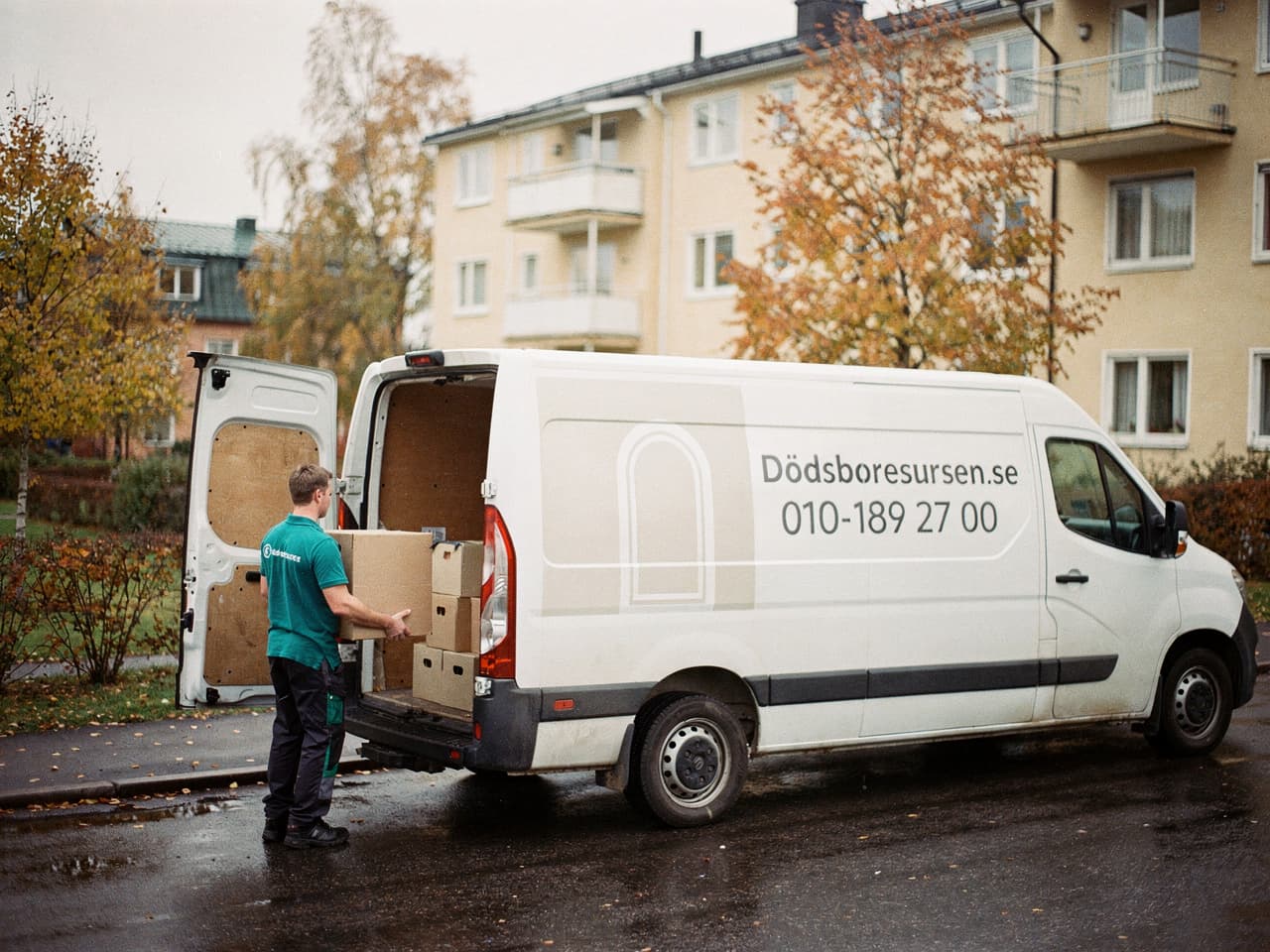 Dödsboresursens servicebil på en bostadsgata i Nynäshamn