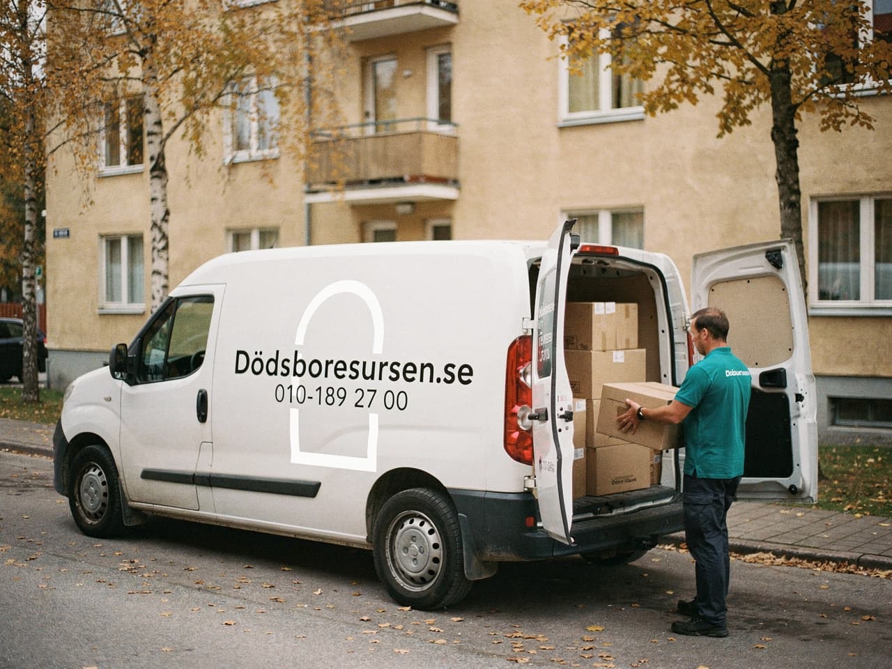 Dödsboresursens servicebil på en bostadsgata i Gustavsberg
