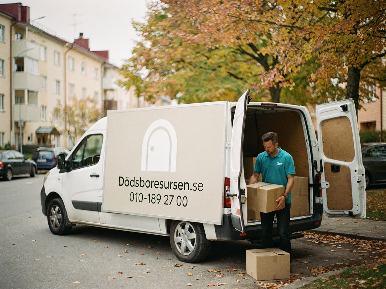 Dödsboresursens servicebil på en bostadsgata i Falköping