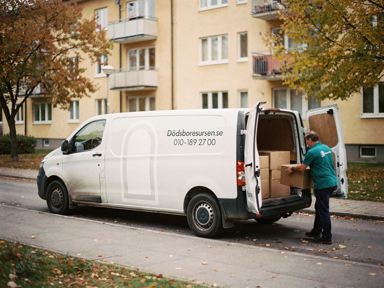 Dödsboresursens servicebil på en bostadsgata i Ronneby