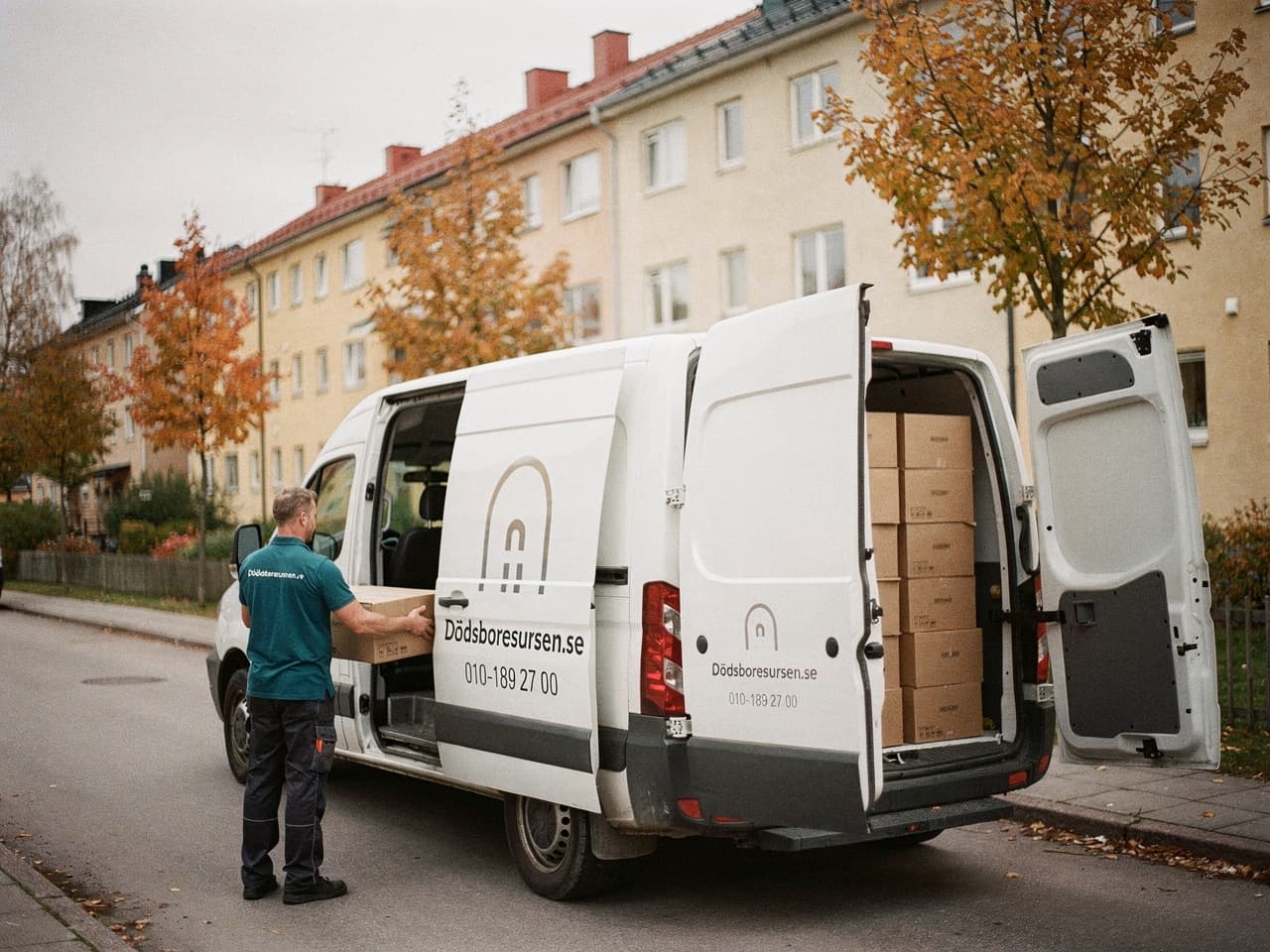 Dödsboresursens servicebil på en bostadsgata i Sollentuna