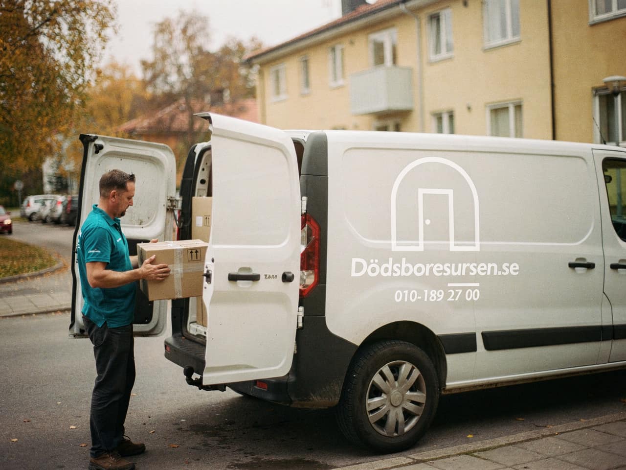 Dödsboresursens servicebil på en bostadsgata i Gislaved