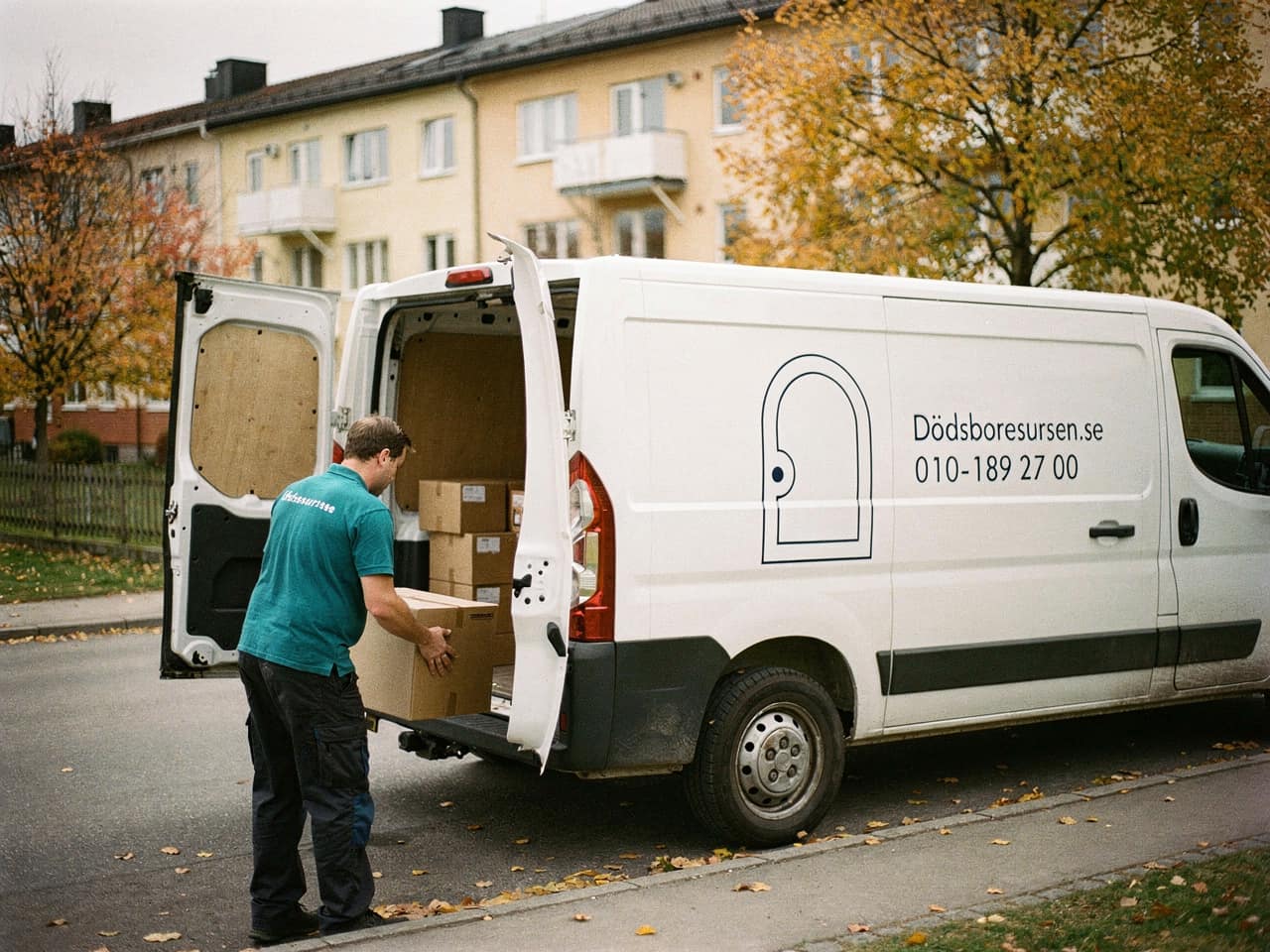 Dödsboresursens servicebil på en bostadsgata i Lidköping