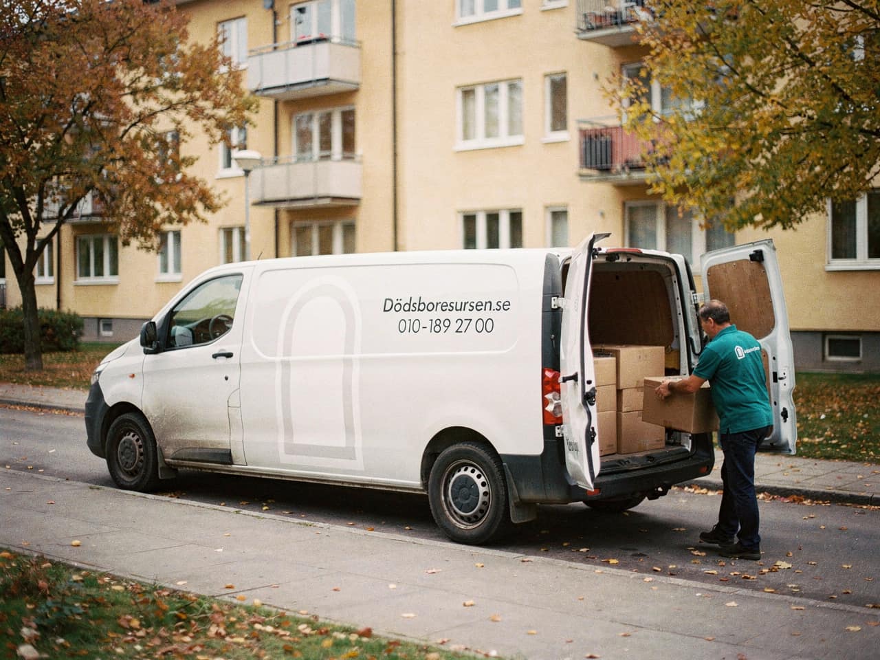 Dödsboresursens servicebil på en bostadsgata i Ronneby