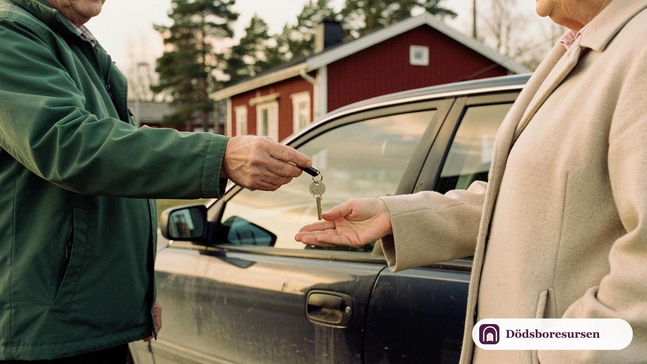 Bilnyckel lämnas över mellan två personer bredvid en parkerad bil