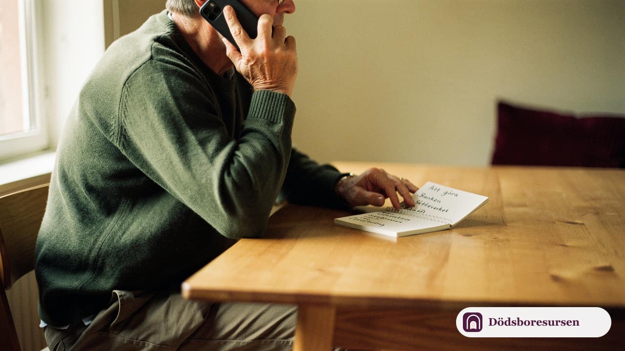 Person ringer myndigheter och banker med en checklista bredvid sig