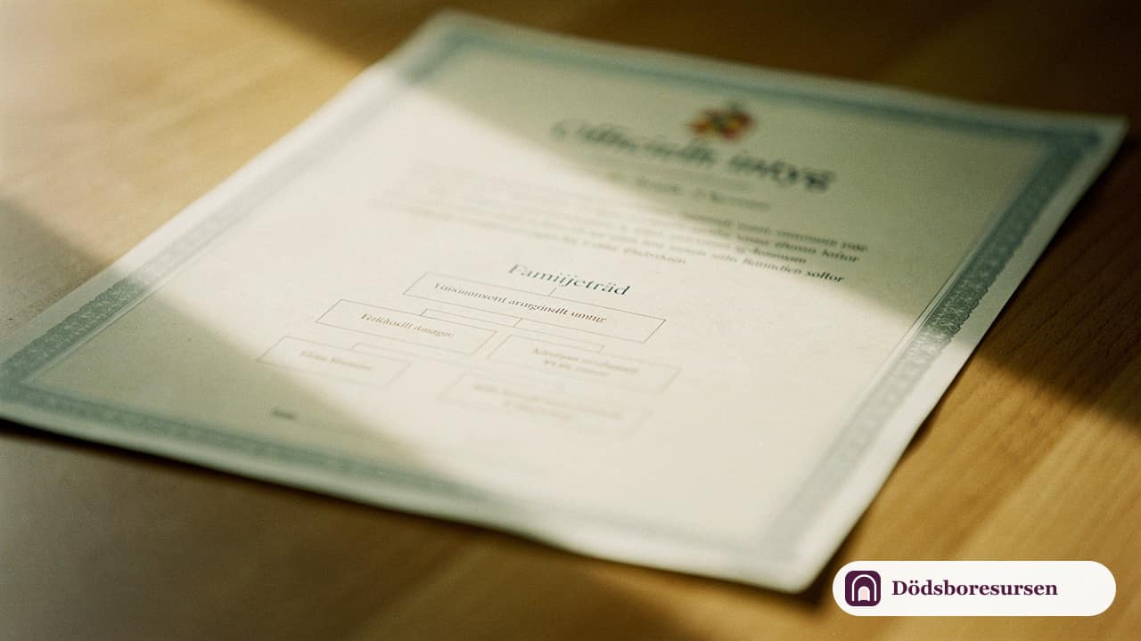 Officiellt intyg med släktutredning på en träyta