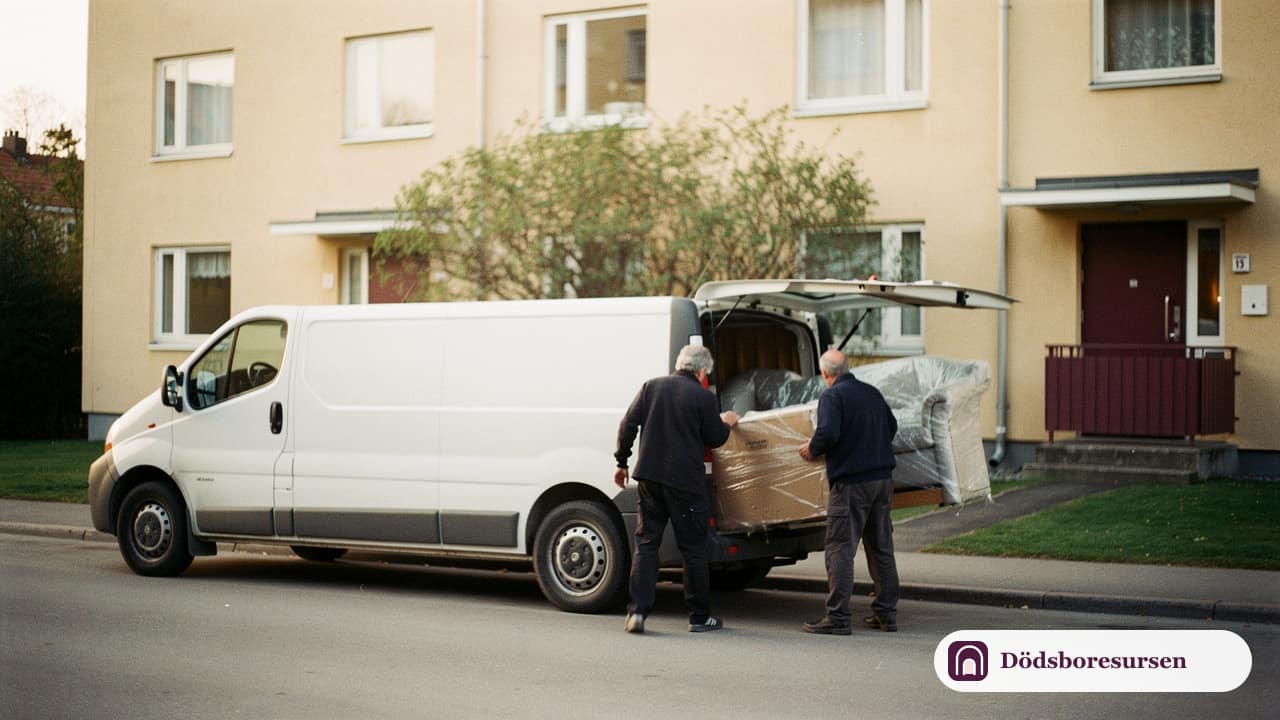 En omärkt vit skåpbil lastas med inpackade möbler utanför ett bostadshus