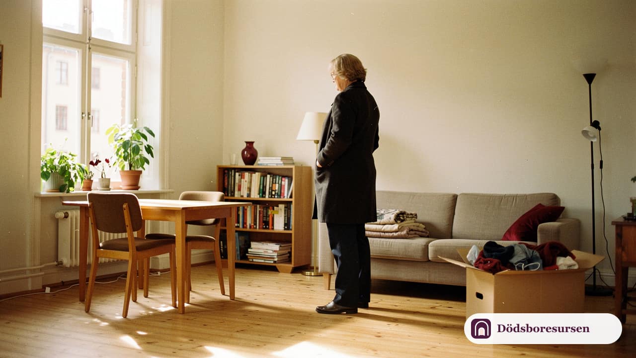 Anhörig i sextioårsåldern överblickar bohaget i en svensk lägenhet som ska tömmas