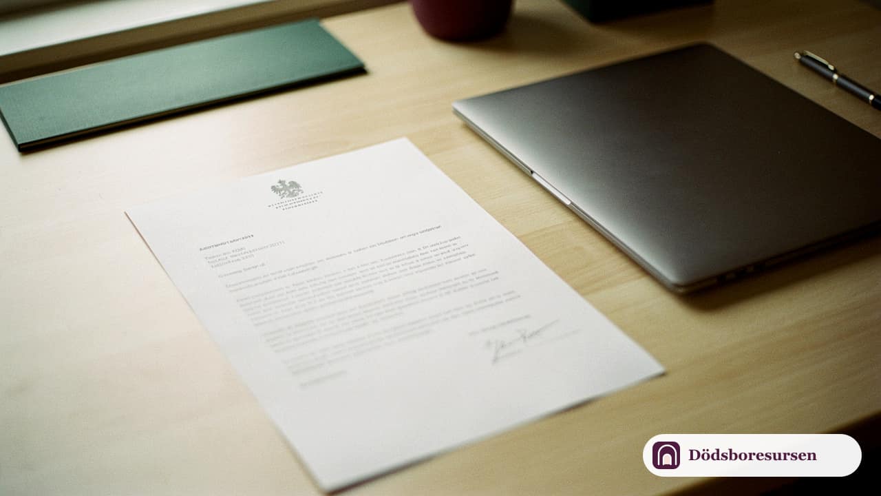 Officiellt myndighetsbrev bredvid en dator, representerar hantering av skulder