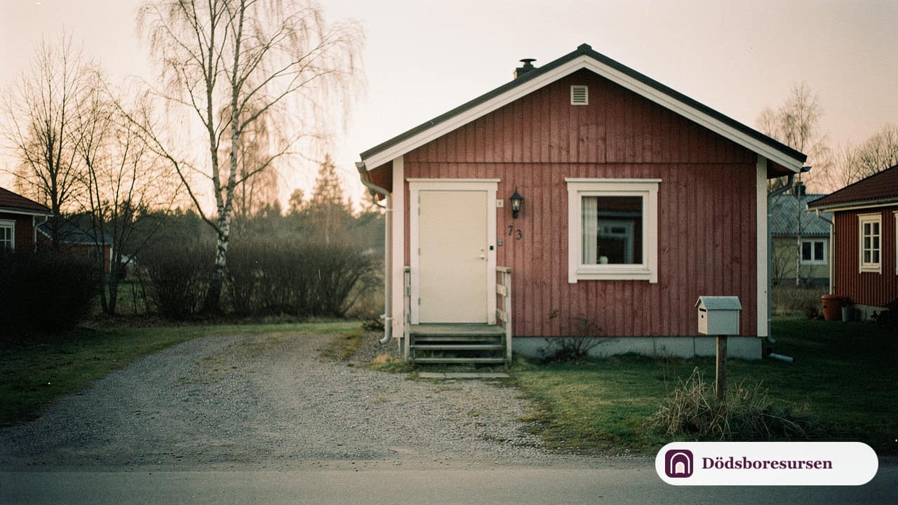 Tomt svenskt hus i skymning utan tända lampor, en fastighet utan arvingar