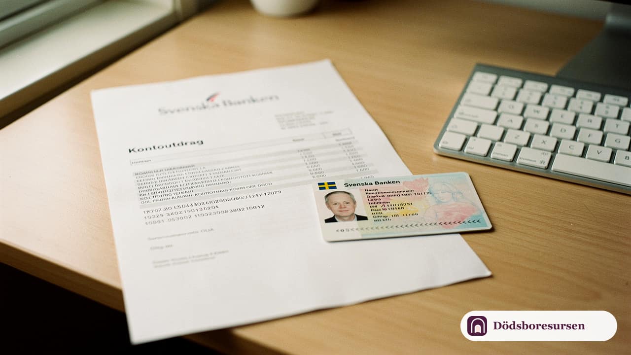 Bankkontoutdrag och legitimation bredvid en dator, representerar dödsboets förvaltning mot banken